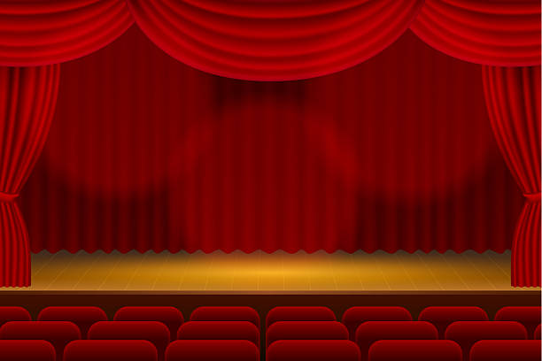 istock Illustration of a stage with a red curtain shining a spotlight. 2214236584