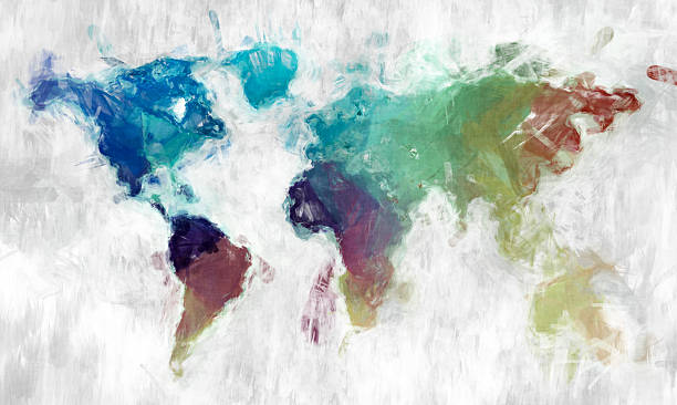 istock World map ink water colour painting paint strokes 2214239235
