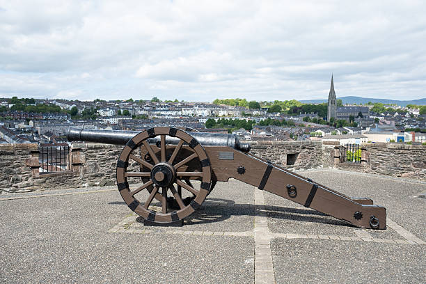 Derry / Londonderry, Northern Ireland - May 7th, 2025: historical cannon on the Walls of Derry at the Double Bastion