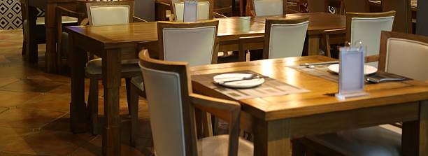 istock Empty Chinese restaurant wooden tables chairs background banner 2214250083