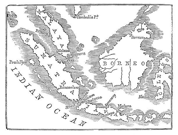 Map of the Greater Sunda Islands; Borneo, Celebes (Sulawesi), Java, and Sumatra. Vintage etching circa 19th century.