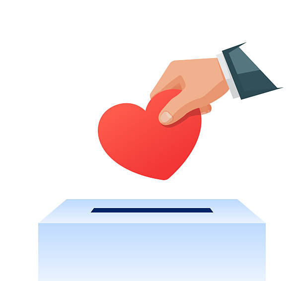 istock Hand putting heart in donation box. Donation, volunteering, supporting, humanism, charity concept. Vector illustration. 2214253981