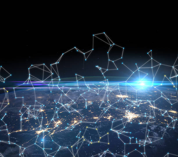 istock The Earth covered with abstract network nodes, connectivity communication concept 2214254423