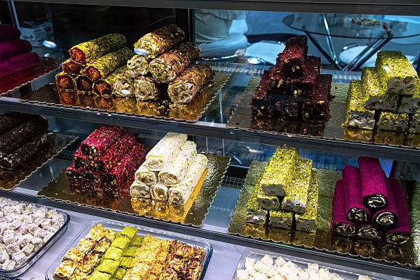 istock Various delicious Turkish delight in sweet shop window. 2214255151