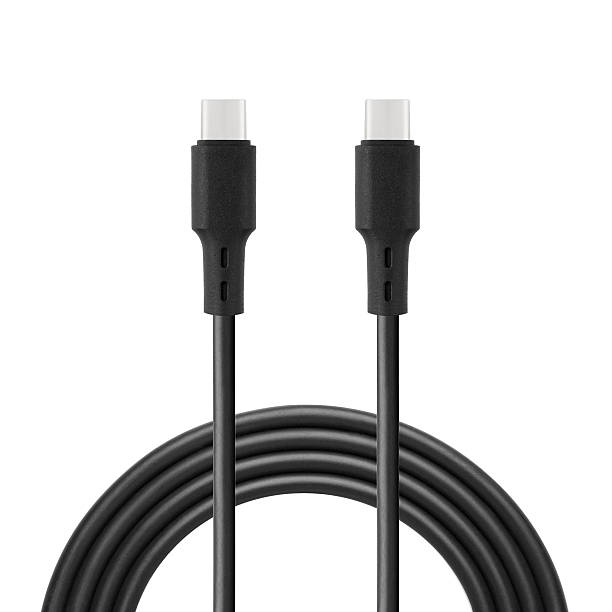 istock Black cable for charging and synchronization with Type - C and Type - C connectors on a white isolated background 2214256159