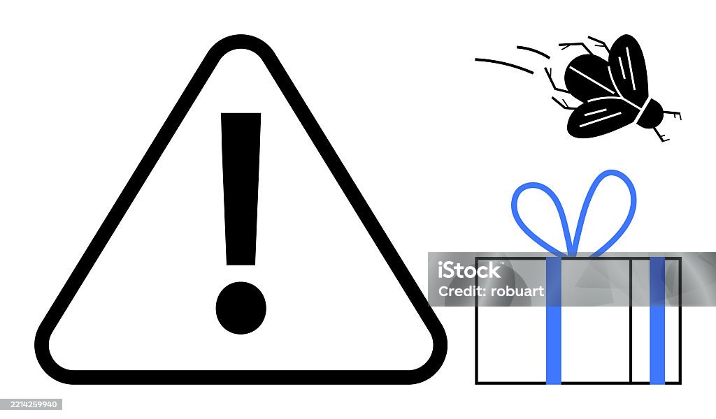 Flying Cloth Triangle Warning Triangle With Exclamation Mark Flying Insect And Wrapped Gift ...