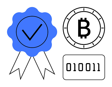 Blockchain Verification Badge With Checkmark Bitcoin Symbol And Binary ...