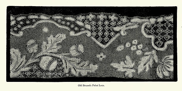 History of Lace making, Old Brussels Point Lace, Oak leaf and acorn Pattern, Background, Texture, Vintage illustration 19th Century