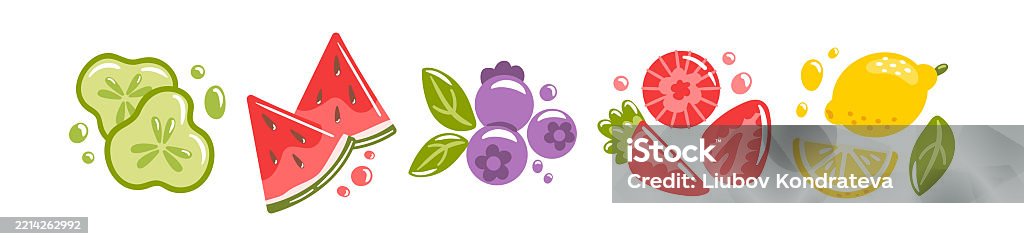 Vektorová ilustrace s nakrájeným melounem, hrozny, granátovým jablkem a citronem, to vše zdobené osvěžujícími bublinami. Tento design zachycuje podstatu léta pro jakýkoli projekt osvěžujících nápojů. - Bez autorských poplatků Bobulové ovoce vektorové obrázky Vektorová ilustrace s nakrájeným melounem, hrozny, granátovým jablkem a citronem, to vše zdobené osvěžujícími bublinami. Tento design zachycuje podstatu léta pro jakýkoli projekt osvěžujících nápojů. - Bez autorských poplatků Bobulové ovoce vektorové obrázky