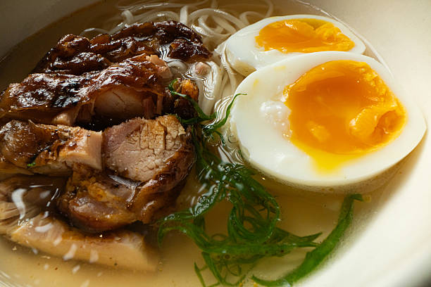 Closeup of ramen soup served at restaurant for design purpose