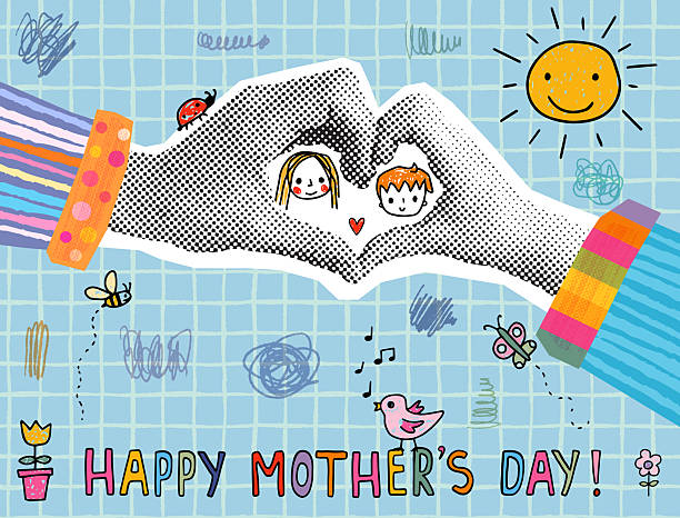 Cute Mom and Son Faces Mother's Day Greeting Card with Hand Drawn Childish Drawings, Halftone Collage Background