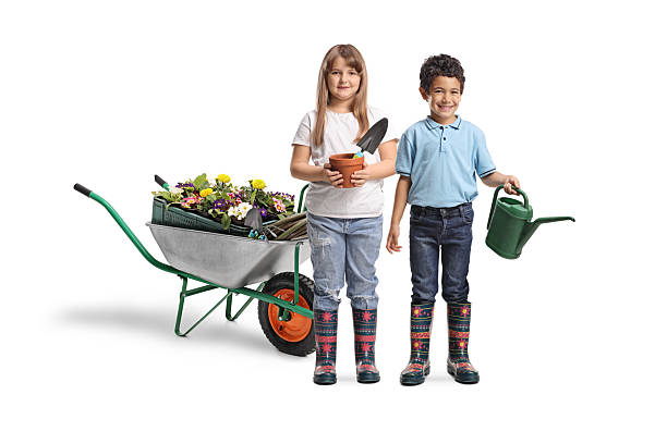 Children doing gardening with a watering cansiter and spade isolated on white background