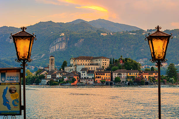 Orta san Giulio, San Giulio Island at sunset, italian lake town