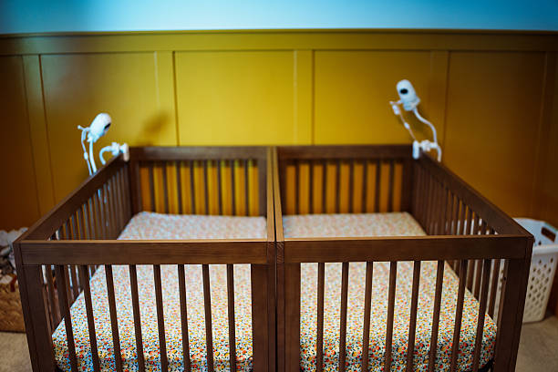 Two empty baby cribs set up side-by-side in a nursery for twin babies, with baby monitor cameras mounted on the sides of the beds, providing the children's parents with peace of mind regarding their safety and health.