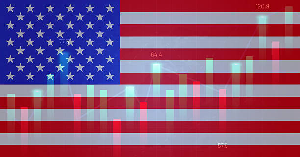 istock US Flag with a stock bar chart overlay 2214286802