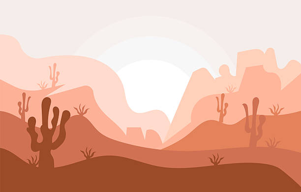 Desert Landscape Cactus Silhouette, Sunset, Mountains, Arid Stylized desert scene at sunset. Silhouetted cacti populate gently rolling hills and mountains under a soft, light sky. Warm, earthy tones dominate the palette. new mexico landscape stock illustrations