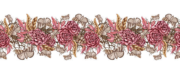 Driftwood roses and butterflies pattern horizontal watercolor Rose maroon, dried flowers, feathers, driftwood and butterflies watercolor illustration. Halloween Day Dead botanical decoration. Isolated background. Gothic design. Pattern horizontal, ribbon, border clip art of a dead rose stock illustrations