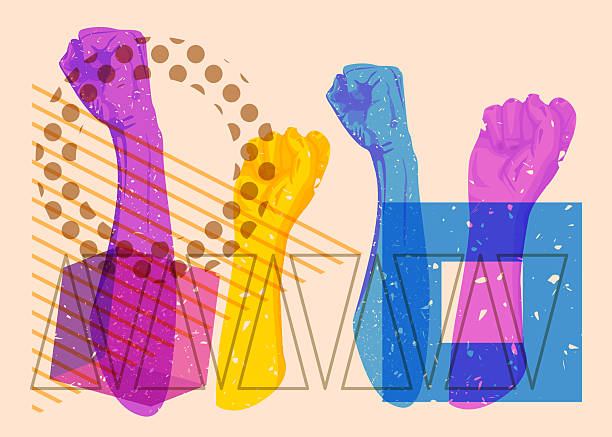 istock Risograph Clenched fist with geometric shapes. Objects in trendy riso graph print texture style design with geometry elements. 2214298471