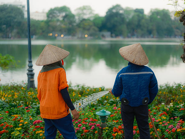 Two unrecognisable workers  in conical hats water flowerbed in Hanoi, Vietnam