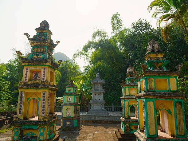 Scenic temple in Ninh Binh surrounded by karst mountains in North Vietnam