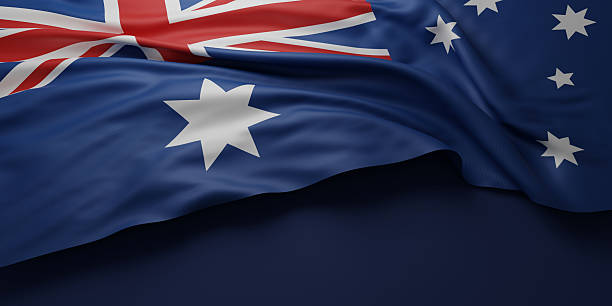 istock Australia flag on dark blue background with copy space 3D render 2214307650