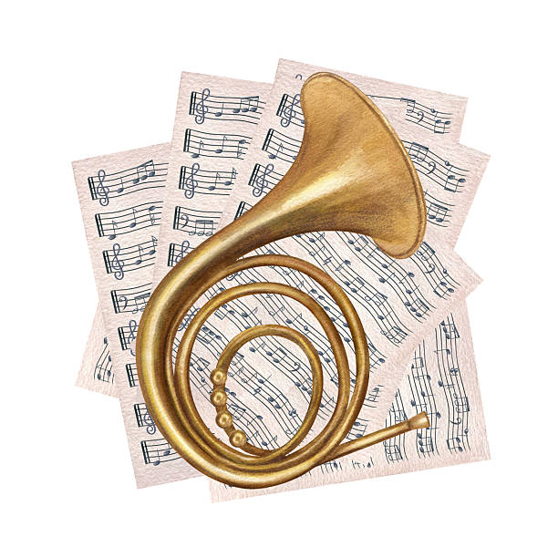 istock French horn resting on scattered musical sheets with notes watercolor illustration isolated on white background. Classical hand painted music instrument for concert programs, musician gifts 2214311401