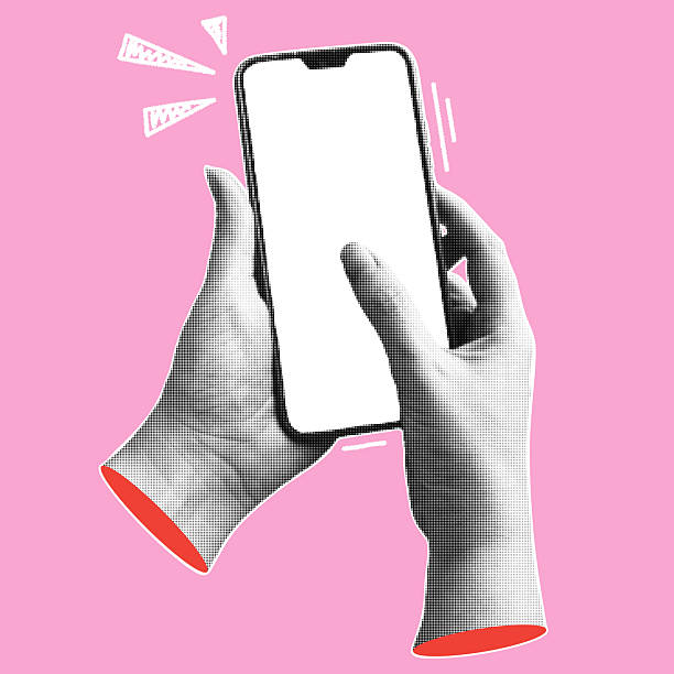 istock Human hands with a smartphone. Trendy collage banner with hand holding mobile phones. Modern art with halftone effects. Vector pop art illustration. 2214312719