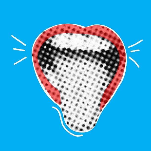 Trendy halftone collage with female open mouth with teeth and tongue sticking. Woman lips in retro style. Creative collage in Y2K style for social media, card, print on clothes