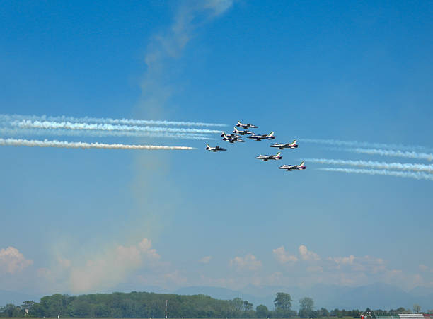 Rivolto, Udine, Italy- 01 May 2025:  three acrobatic figure of the Italian aerobatic team \