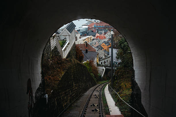 Iconic Floibanen funicular railway ascending Mount Floyen in Bergen, Norway, offering panoramic views of the harbor and colorful cityscape.