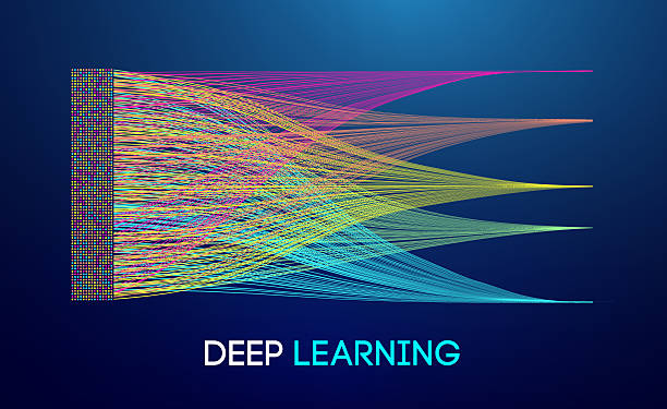 Abstract deep learning visualization with colorful data streams, structured information flow, and neural network representation on a dark background, symbolizing artificial intelligence, machine learning, and big data processing. Abstract deep learning visualization with colorful data streams, structured information flow, and neural network representation on a dark background, symbolizing artificial intelligence, machine learning, and big data processing. deep learning stock illustrations