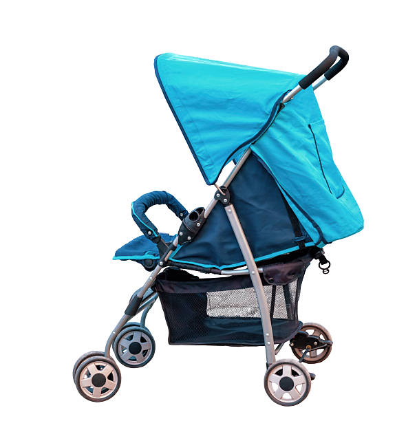 Blue baby stroller isolated on white background. Stroll pram in which childs can seat cut out icon, side view. Kids empty perambulator cutout element for design