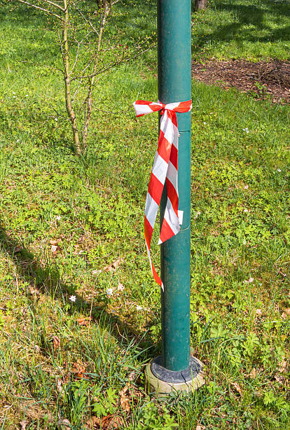 A green pole with a red and white striped ribbon tied around it, set against a backdrop of lush green grass and trees.