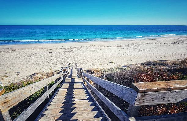 Wooden stairs leading to calm beach