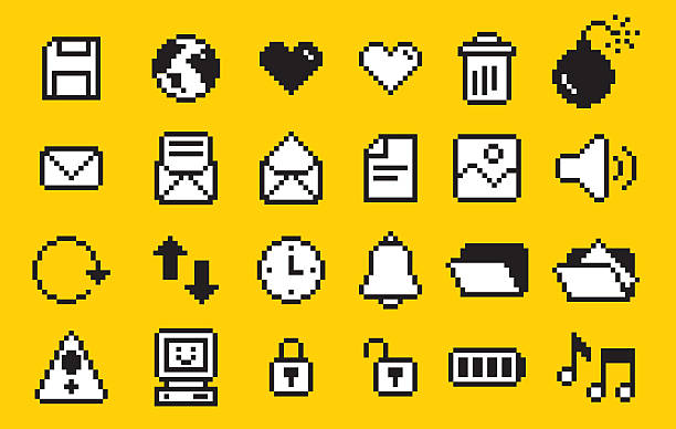 set of pixel art  user interfac icon, pixel art style, icon and symbol such as, mail, data, world, mail, recycle bin, battery