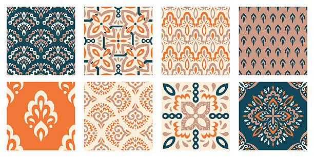 Collection of Moroccan style seamless pattern. Creative mediterranean interior design. Ethnic ornament swatch set. Azulejos tiles vector illustration. Modern Spanish talavera.