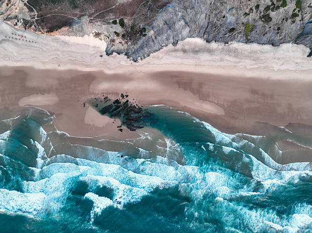istock Aerial top view of surf and cliff-lined beach 2214339224
