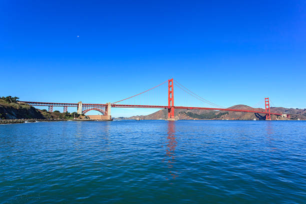 The Golden Gate Bridge spans the Golden Gate Strait, connecting San Francisco to Marin County.