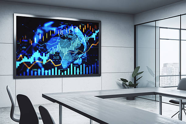 istock Modern office meeting room with large digital screen displaying global forex and financial market data charts and currency exchange statistics. 3D Rendering 2214346082