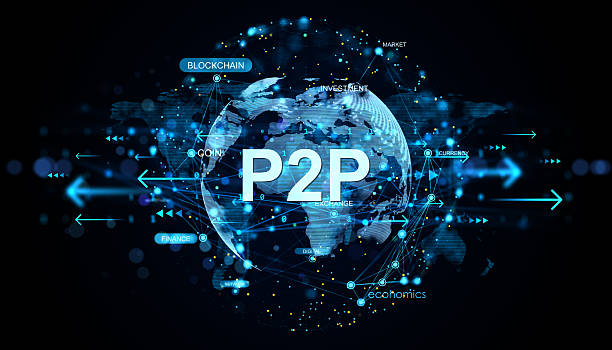 istock Futuristic blue digital world map background with P2P text, blockchain finance and fintech network connections concept in virtual interface design. 3D Rendering 2214346085