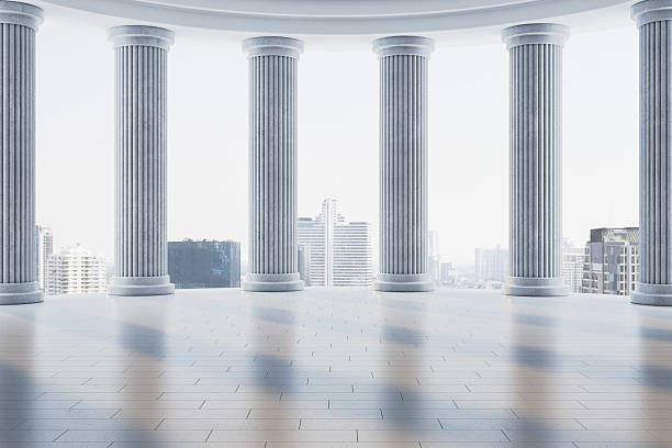 istock Classical colonnade interior with marble columns and modern cityscape view under soft daylight, empty space design concept with symmetry and light. 3D Rendering 2214346118
