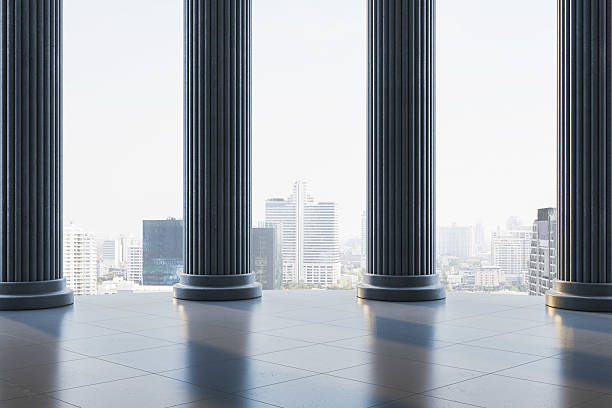 Classical marble columns with city skyline in bright morning light, symbolizing stability and progress, elegant architectural background concept. 3D Rendering