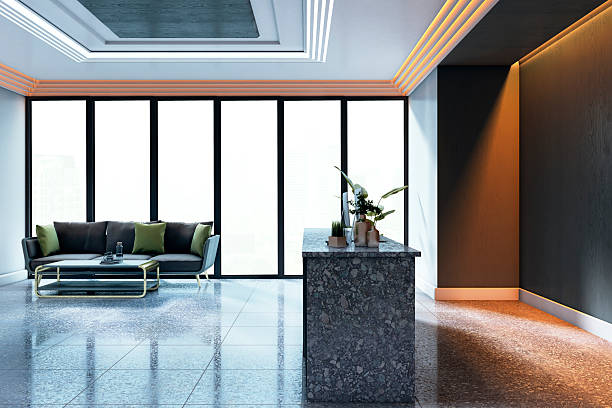 istock Modern luxury interior with terrazzo floor, stylish marble island, large windows, and ambient lighting in contemporary minimalist setting. 3D Rendering 2214346273