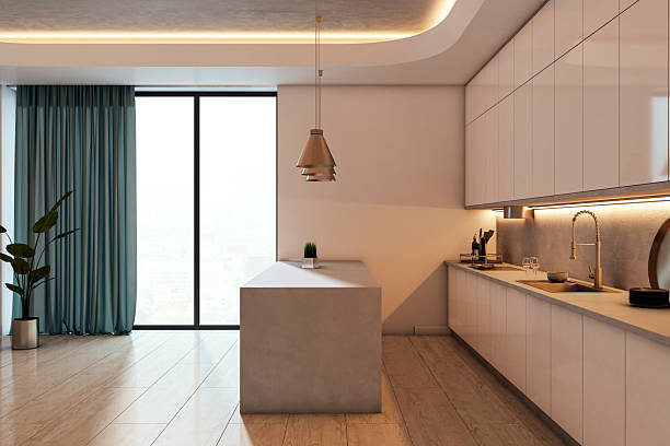 istock Modern beige kitchen interior with large window and ceiling lights showing sleek design, wood floor, and city view in soft backlit ambiance. 3D Rendering 2214346504