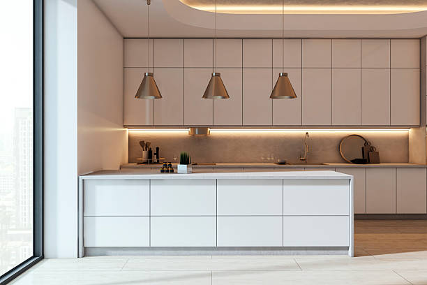 istock Modern minimalist kitchen interior with pendant lights, clean white cabinetry, and warm ambient lighting on a city view background. 3D Rendering 2214346506