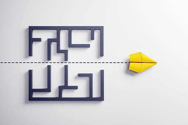 Yellow paper plane flying over black maze on light background symbolizing leadership, innovation, and business problem-solving concept. 3D Rendering