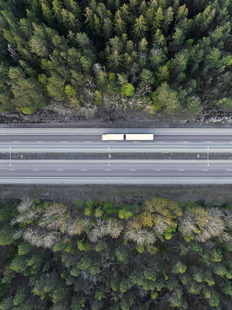 istock Single truck on the highway in a forest landscape 2214347040
