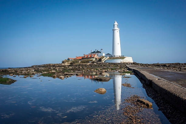 istock White Lighthouse with single path leading to it and rock pools 2214347353