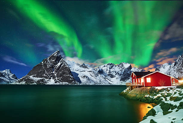 istock Aurora borealis over winter landscape - lofotens - Norway 2214351710