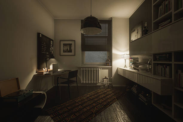 Digitally rendered atmospheric evening view of a retro-inspired home office, featuring a patterned kilim runner on dark wood floors, a vintage metal desk with a record player, a chalkboard with notes, framed abstract art, and bookshelves filled with books. Warm desk and floor lamps cast intimate pools of light, contrasting beautifully with the cool grey walls, evoking a nostalgic 1960s mid-century modern ambiance.